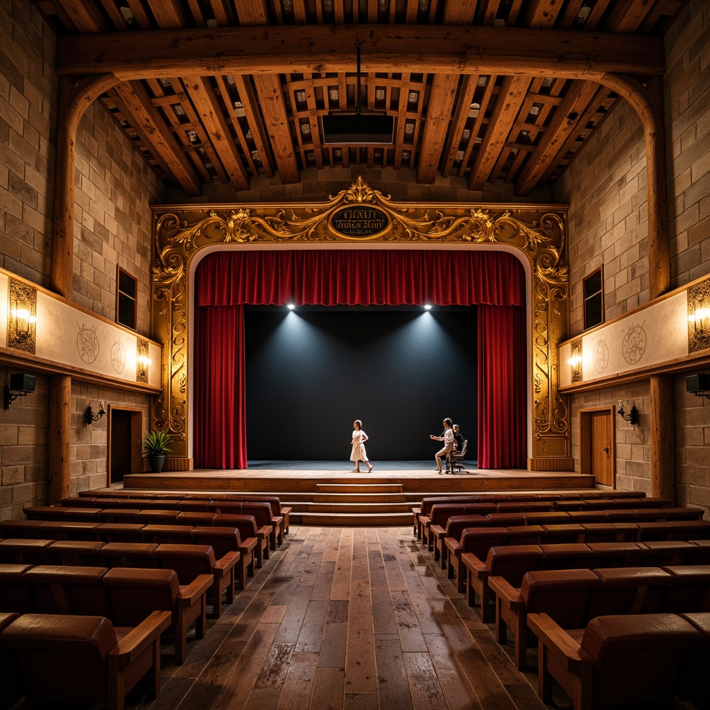 Prompt: Rustic performing arts center, exposed wooden beams, natural stone walls, earthy color palette, warm candlelight, cozy intimate setting, raised stage, wooden floorboards, vintage theatrical lights, plush red velvet curtains, ornate gold accents, distressed metal decorations, worn leather seats, rustic wooden benches, scenic backdrops, softbox lighting, 1/1 composition, shallow depth of field, cinematic mood.