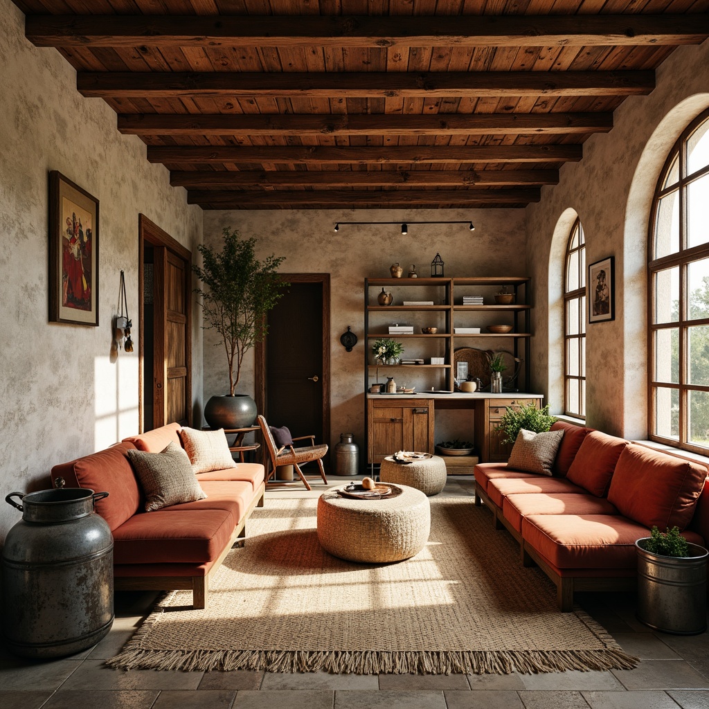 Prompt: Rustic farmhouse interior, vintage wooden beams, distressed brick walls, earthy color palette, natural stone flooring, woven jute rugs, plush velvet sofas, antique furniture pieces, galvanized metal accents, reclaimed wood shelves, soft warm lighting, cozy atmosphere, shallow depth of field, 1/1 composition, realistic textures, ambient occlusion.