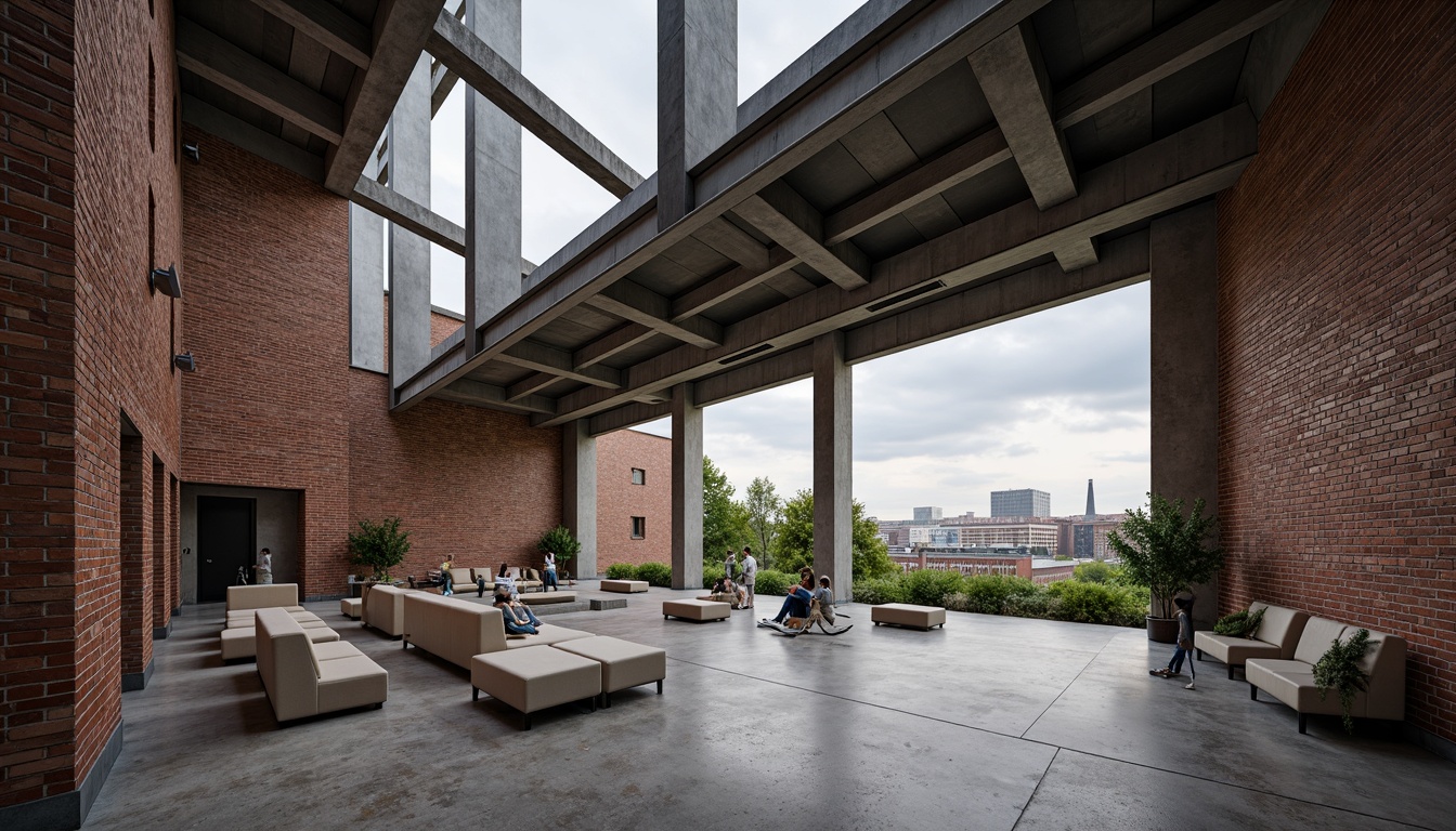 Prompt: Industrial amphitheater, exposed brick walls, metallic beams, concrete flooring, sound-absorbing panels, acoustic diffusers, reverberation control, echo reduction, ambient LED lighting, minimalist seating, urban landscape views, cloudy day, soft natural light, shallow depth of field, 1/2 composition, realistic textures, subtle grain effect.