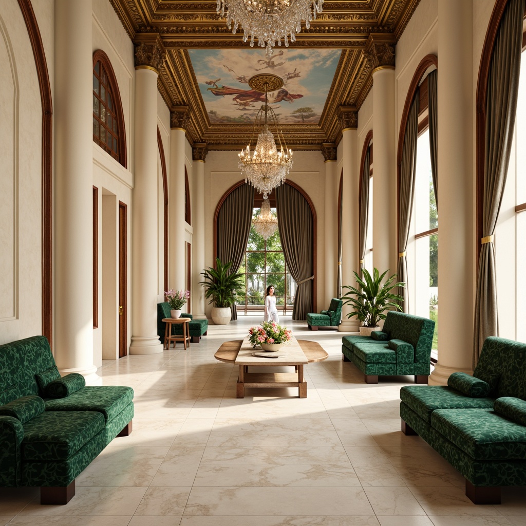 Prompt: Elegant pavilion interior, soft cream walls, rich walnut wood accents, ornate golden moldings, luxurious velvet drapes, subtle beige marble floors, crystal chandeliers, warm ivory tones, classic Corinthian columns, intricate fresco ceilings, plush emerald green sofas, polished bronze hardware, refined damask patterns, sophisticated ambient lighting, shallow depth of field, 1/1 composition, realistic textures, soft focus effect.