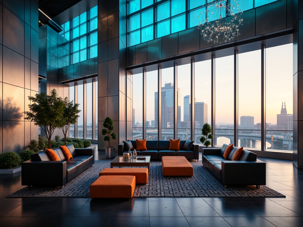 Prompt: Futuristic great room, metallic silver walls, neon blue accents, iridescent glass chandeliers, polished chrome furniture, vibrant orange ottomans, sleek black leather sofas, geometric patterned rugs, minimalist decor, ambient LED lighting, floor-to-ceiling windows, panoramic cityscape views, modern skyscrapers, bustling urban landscape, warm golden hour, cinematic depth of field, 1/2 composition, realistic reflections, high-tech gadgets, holographic displays.