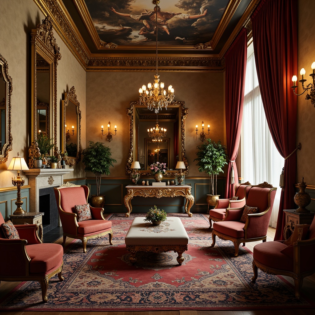 Prompt: Ornate gilded frames, velvet-upholstered armchairs, intricately carved wooden tables, richly patterned rugs, golden candelabras, ornamental mirrors, lavish drapery, grandiose chandeliers, marble-topped console tables, intricately designed cabinets, regal throne-like seating, luxurious silk fabrics, dramatic ceiling murals, soft warm lighting, highly detailed ornaments, 3/4 composition, shallow depth of field, realistic textures, ambient occlusion.