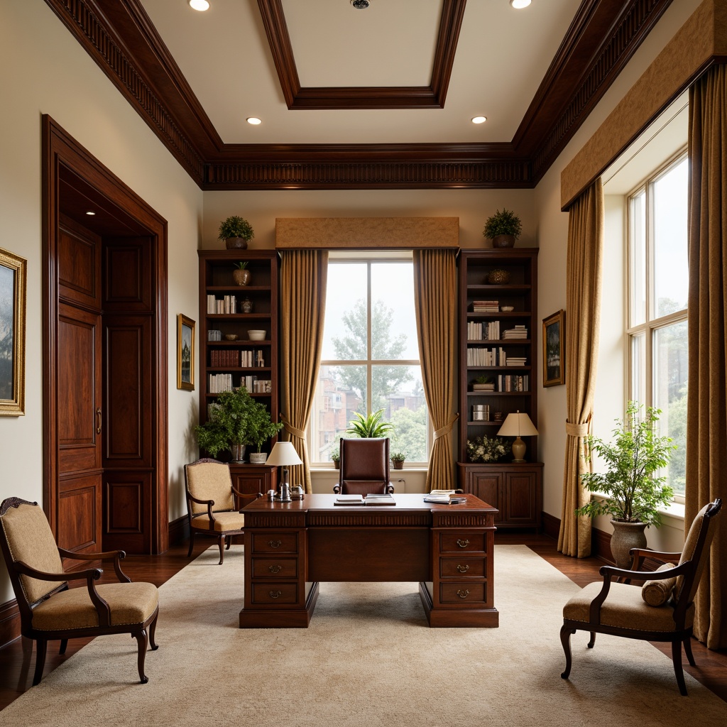 Prompt: Rich mahogany wood furniture, soft cream walls, elegant crown molding, ornate gold frames, luxurious velvet drapes, warm beige carpets, classic leather armchairs, vintage metal desk lamps, sophisticated bookshelves, refined office supplies, subtle natural lighting, shallow depth of field, 1/1 composition, realistic textures, ambient occlusion.