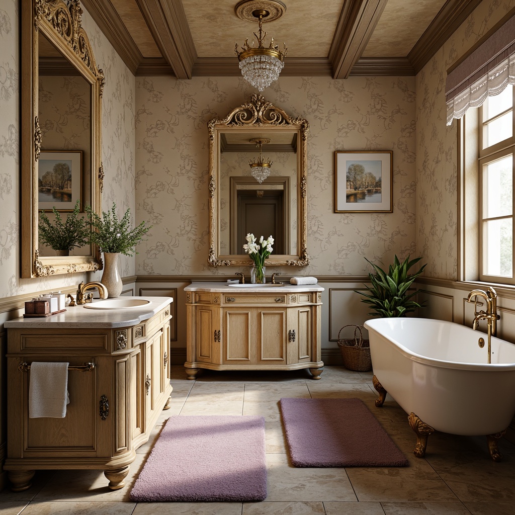 Prompt: Elegant French country vanity, ornate carvings, distressed wood finish, soft golden lighting, antique bronze fixtures, freestanding tubs, marble countertops, decorative mirrors, floral patterns, toile de Jouy wallpaper, rustic stone floors, vintage apothecary jars, porcelain sinks, crystal chandeliers, plush area rugs, lavender hues, warm beige tones, 3/4 composition, shallow depth of field, realistic textures, ambient occlusion.