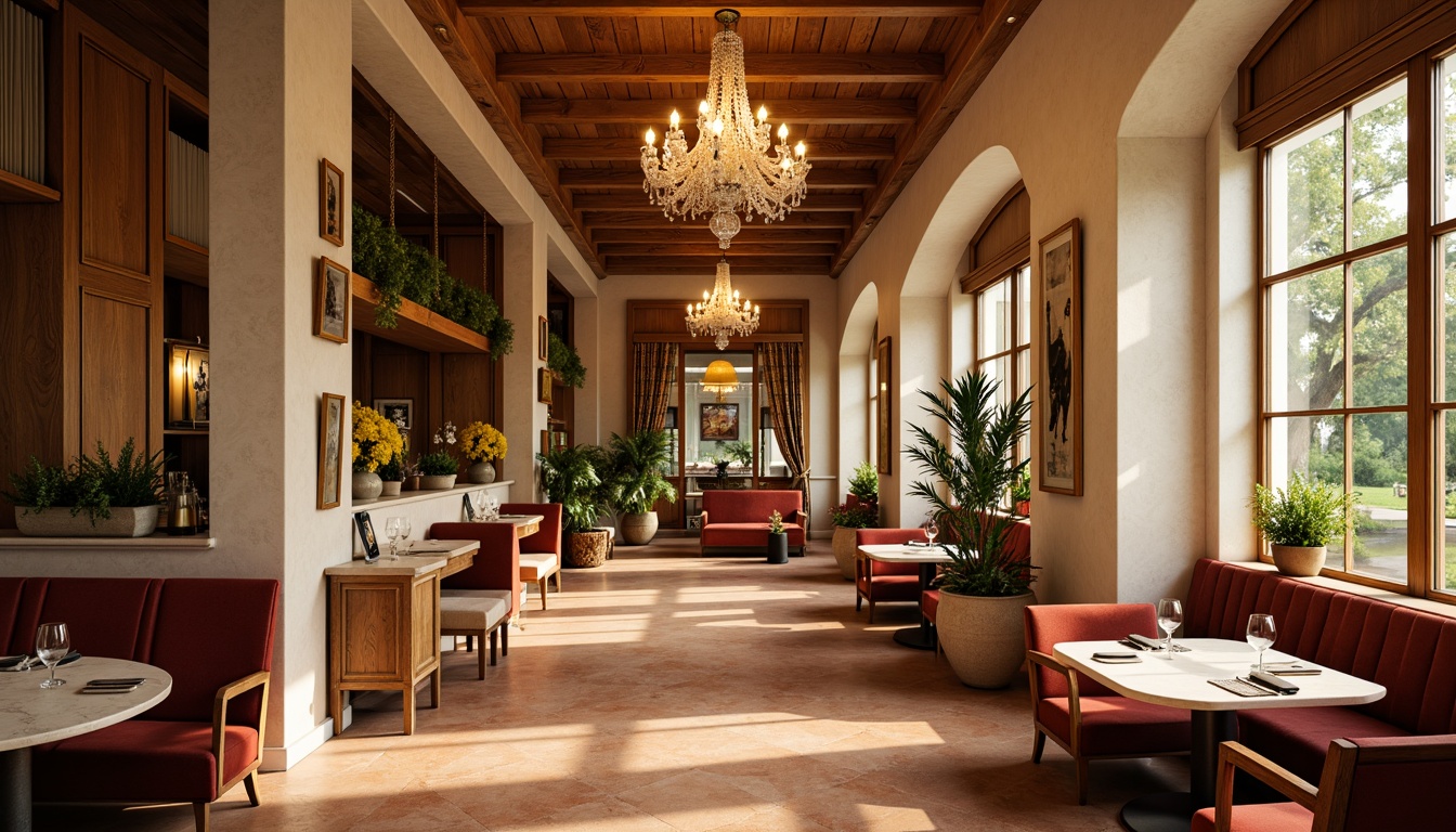 Prompt: Cozy dining area, warm beige walls, rich wood tones, earthy terracotta floors, comfortable velvet furniture, soft golden lighting, elegant crystal chandeliers, lush greenery, vibrant floral arrangements, natural stone accents, creamy white marble countertops, subtle geometric patterns, warm neutral colors, inviting atmosphere, relaxed ambiance, harmonious color scheme, balanced composition, 1/2 perspective, soft focus, warm glow.