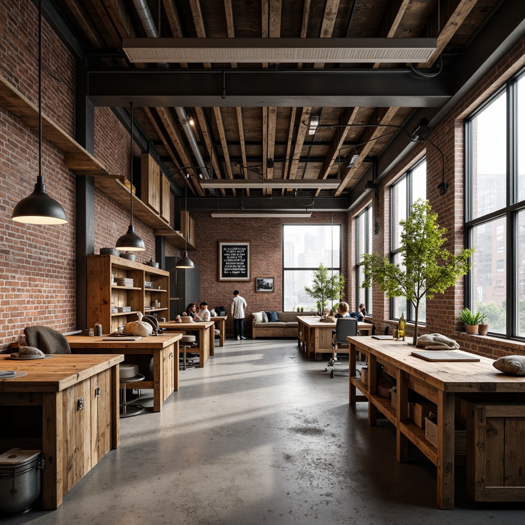 Prompt: Rustic wooden workbenches, metal toolboxes, industrial pendant lamps, warm softbox lighting, natural daylight, large north-facing windows, concrete floors, exposed brick walls, steel beams, minimalist decor, functional furniture, collaborative workspaces, inspirational quotes, academic posters, cozy reading nooks, comfortable seating areas, warm color scheme, soft shadows, 1/2 composition, realistic textures, ambient occlusion.