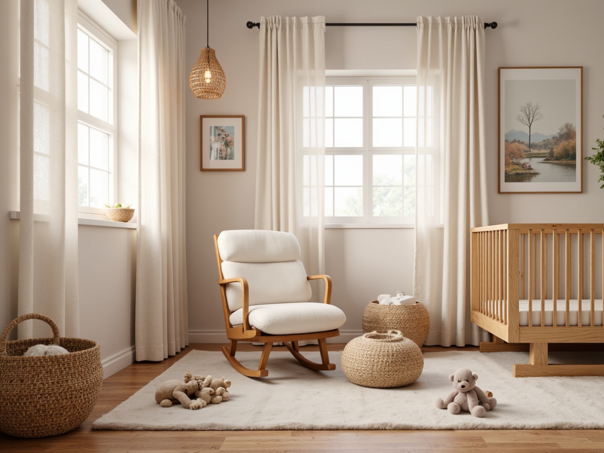 Prompt: Cozy baby room, soft pastel colors, gentle lighting, plush toys, comfortable glider, warm wooden crib, delicate curtains, woven baskets, natural fiber rug, calm atmosphere, serene ambiance, 1/1 composition, shallow depth of field, realistic textures, ambient occlusion.