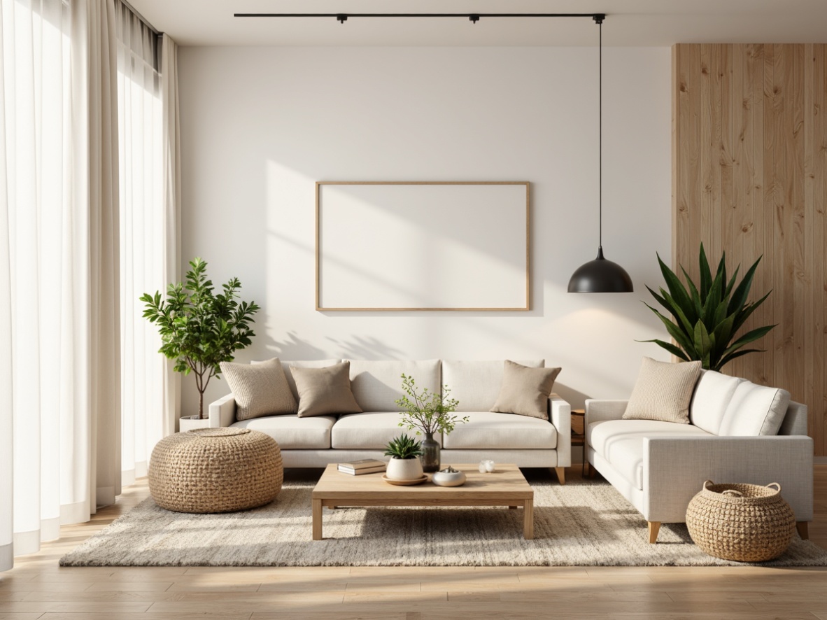 Prompt: Minimalist living room, light wood flooring, creamy white walls, floor-to-ceiling windows, sheer curtains, modern Scandinavian furniture, sleek low-profile sofa, wooden coffee table, minimalist decor, potted plants, natural textiles, woven baskets, industrial-chic metal lamps, warm cozy atmosphere, soft diffused lighting, shallow depth of field, 1/1 composition, realistic textures, ambient occlusion.