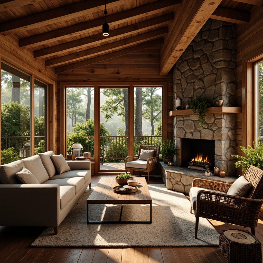 Prompt: Cozy cabin, rustic wooden walls, earthy tone flooring, plush area rugs, crackling fireplace, woven wicker furniture, soft velvet upholstery, natural stone accents, moss-covered exterior, misty forest surroundings, dappled sunlight filtering, warm golden lighting, shallow depth of field, 1/1 composition, realistic textures, ambient occlusion.