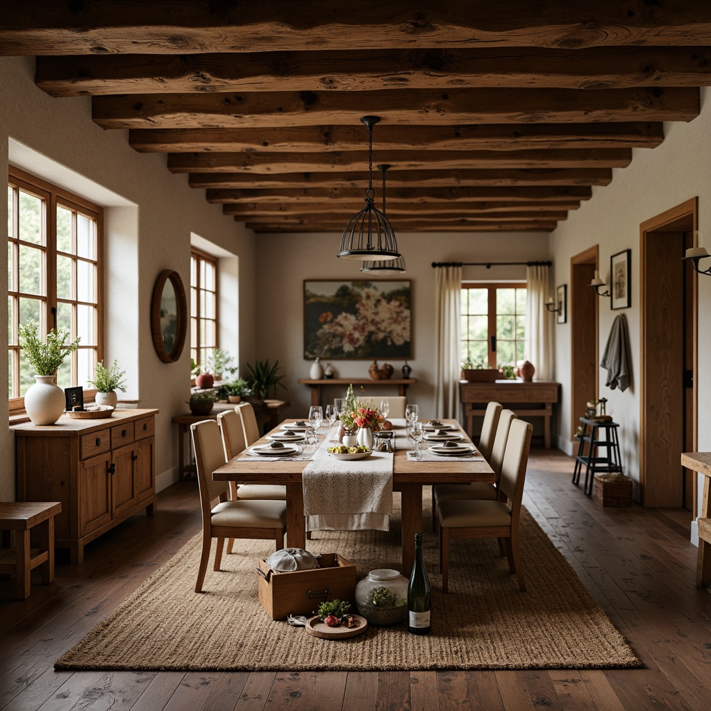 Prompt: Rustic dining room, wooden furniture, distressed finishes, natural stone walls, earthy color palette, vintage decor, metal lanterns, woven textiles, jute rugs, wooden beams, exposed brick, candles, warm ambient lighting, cozy atmosphere, shallow depth of field, 1/1 composition, realistic wood grain, soft focus, morning sunlight.