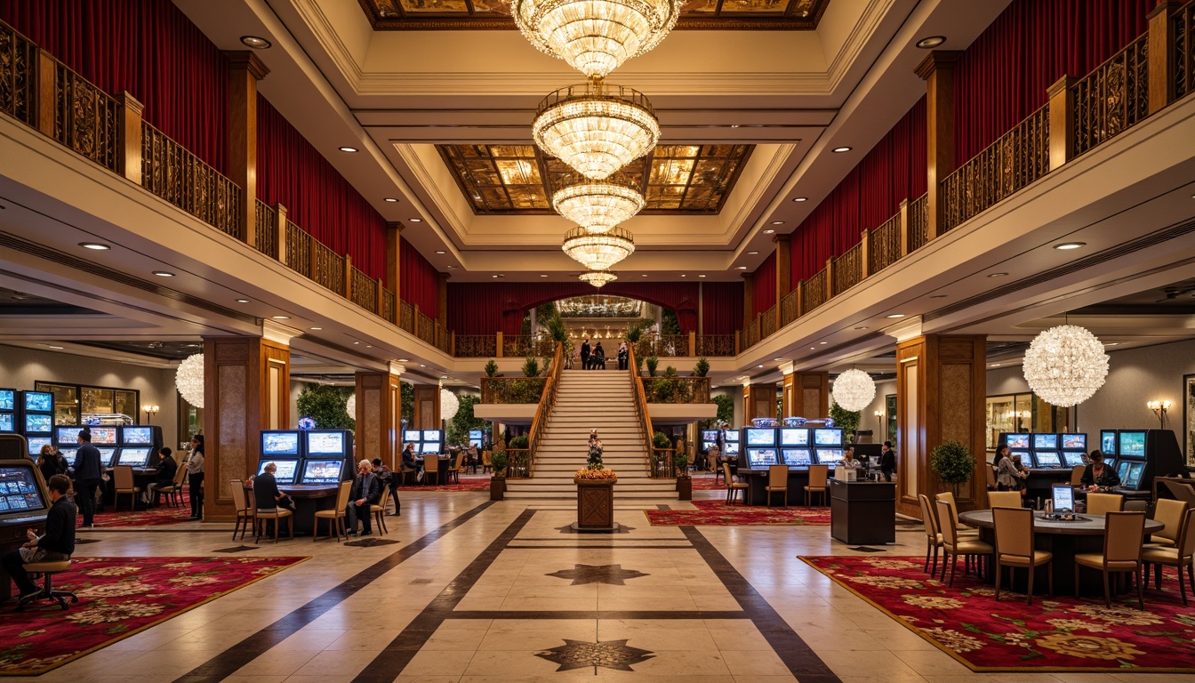 Prompt: Luxurious casino interior, ornate chandeliers, rich velvet drapes, elegant marble floors, intricate moldings, gilded accents, lavish furnishings, grandiose staircase, spacious gaming areas, sophisticated lighting systems, ambient sound effects, vibrant colorful carpets, plush seating areas, ornamental fountains, refined classicism style, symmetrical composition, 1/2 camera angle, warm softbox lighting, realistic reflections.