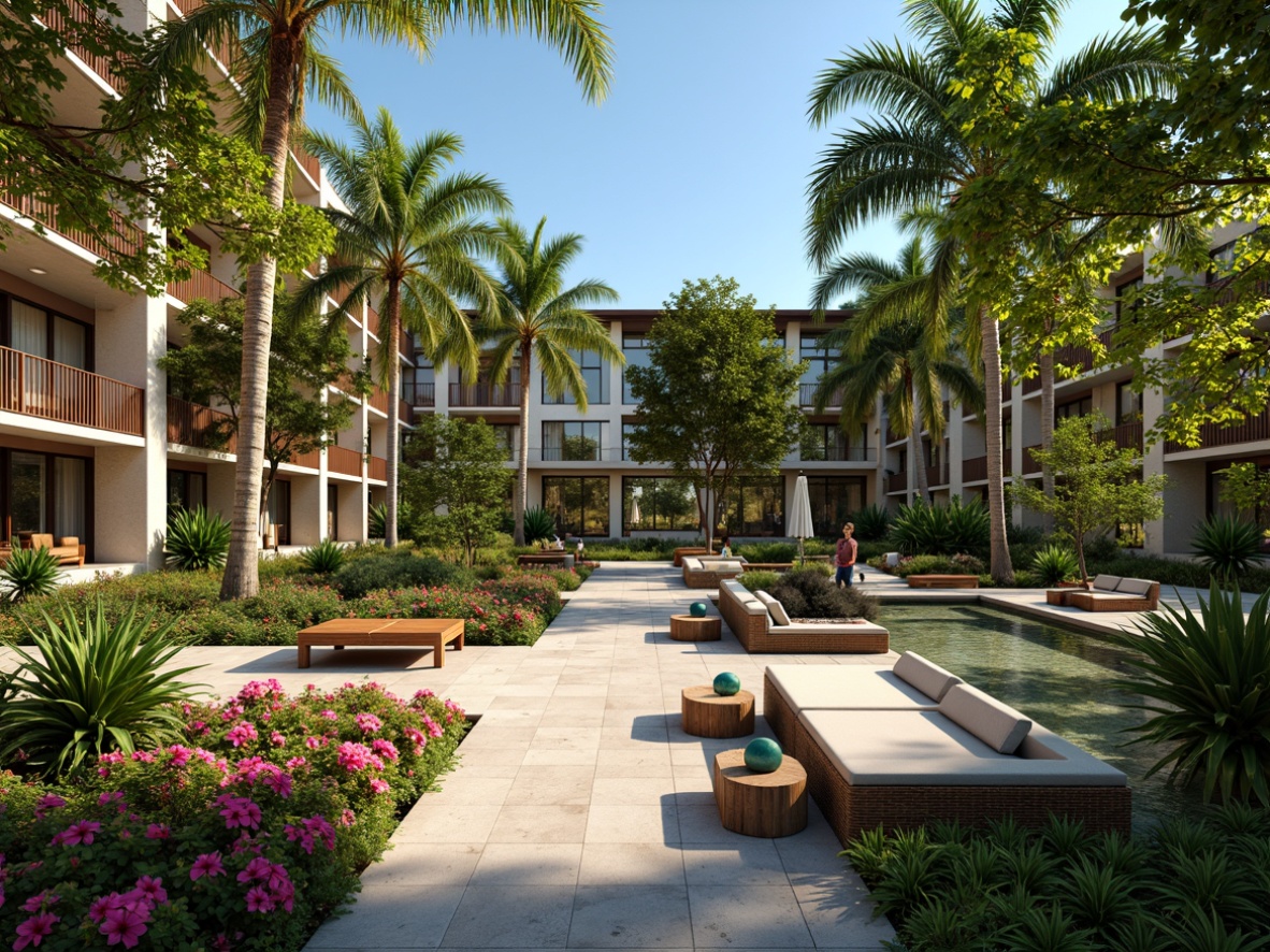 Prompt: Tropical courthouse garden, lush greenery, exotic palms, vibrant hibiscus, colorful bougainvillea, natural stone walkways, wooden benches, water features, koi ponds, tropical fruit trees, modern architecture, large windows, glass doors, sunny day, soft warm lighting, shallow depth of field, 3/4 composition, panoramic view, realistic textures, ambient occlusion, outdoor seating areas, decorative lanterns, rattan furniture, natural fiber textiles.