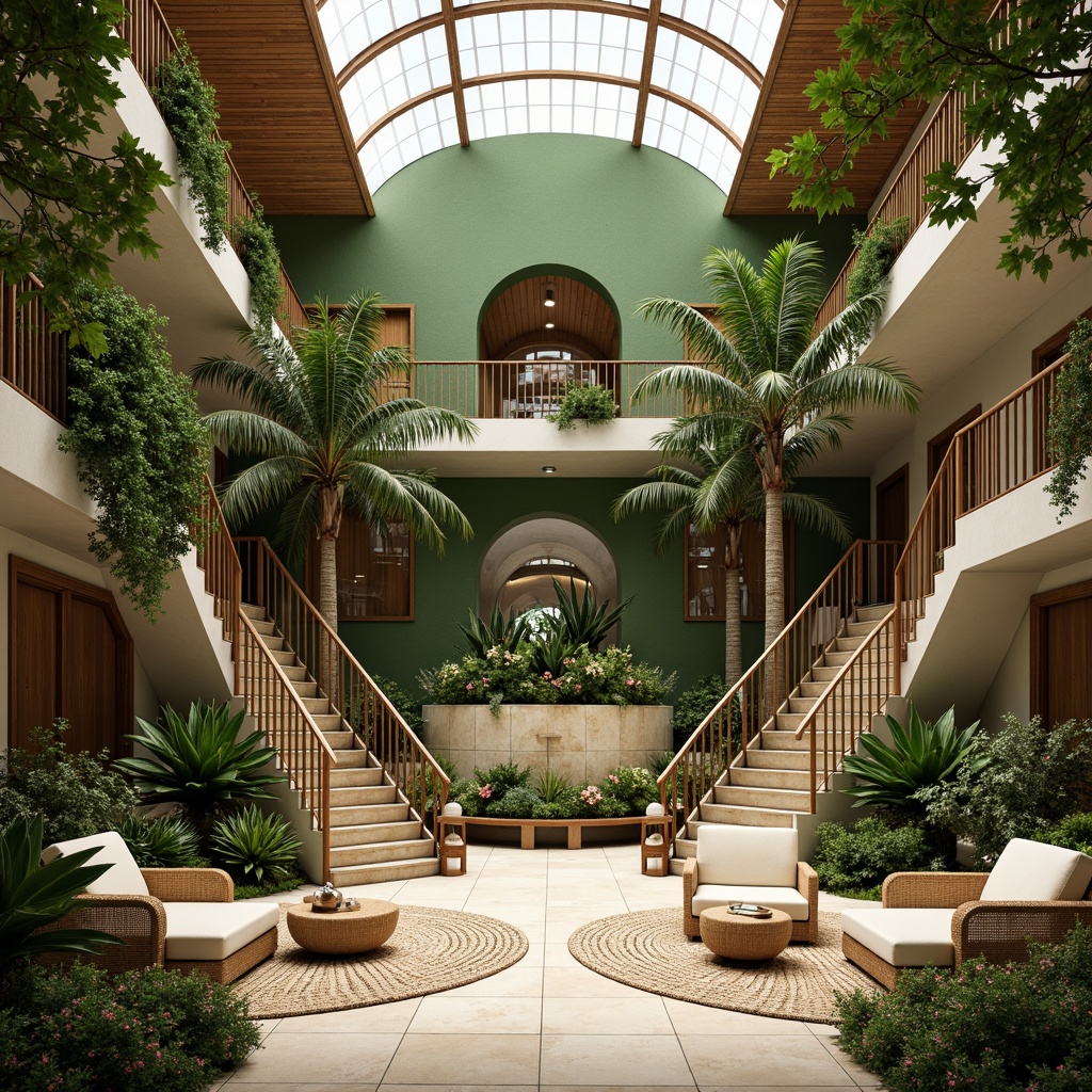 Prompt: Tropical courthouse, lush green walls, natural stone floors, wooden accents, vaulted ceilings, clerestory windows, warm beige color scheme, tropical plants, palm trees, floral patterns, woven furniture, rattan details, soft diffused lighting, indirect sunlight, skylights, open atriums, grand staircases, curved lines, organic shapes, earthy tones, natural textures, 3/4 composition, realistic renderings, ambient occlusion.