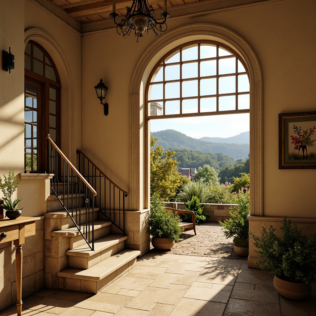 Prompt: Elegant French country staircase, ornate iron railings, curved wooden banisters, soft golden lighting, warm beige walls, distressed wood flooring, rustic stone foundation, vintage decorative accents, charming countryside views, rolling hills, blooming wildflowers, gentle breeze, soft focus, 1/2 composition, atmospheric perspective, subtle texture details.