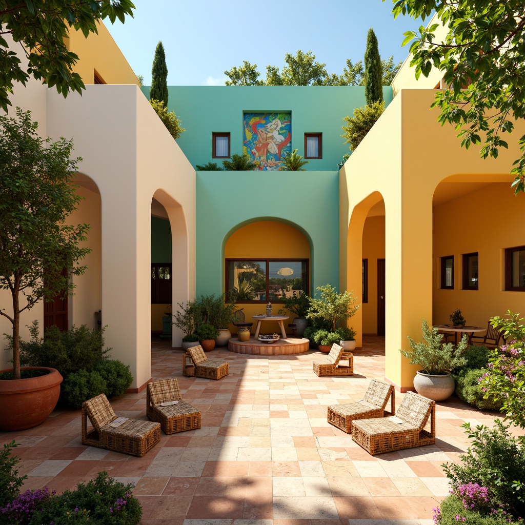 Prompt: Vibrant kindergarten playground, warm Mediterranean colors, soft turquoise walls, creamy white arches, bright yellow accents, rustic terracotta floors, lush greenery, potted citrus trees, colorful ceramic tiles, woven wicker furniture, natural wood accents, playful mural paintings, sunny afternoon light, shallow depth of field, 1/1 composition, realistic textures, ambient occlusion.