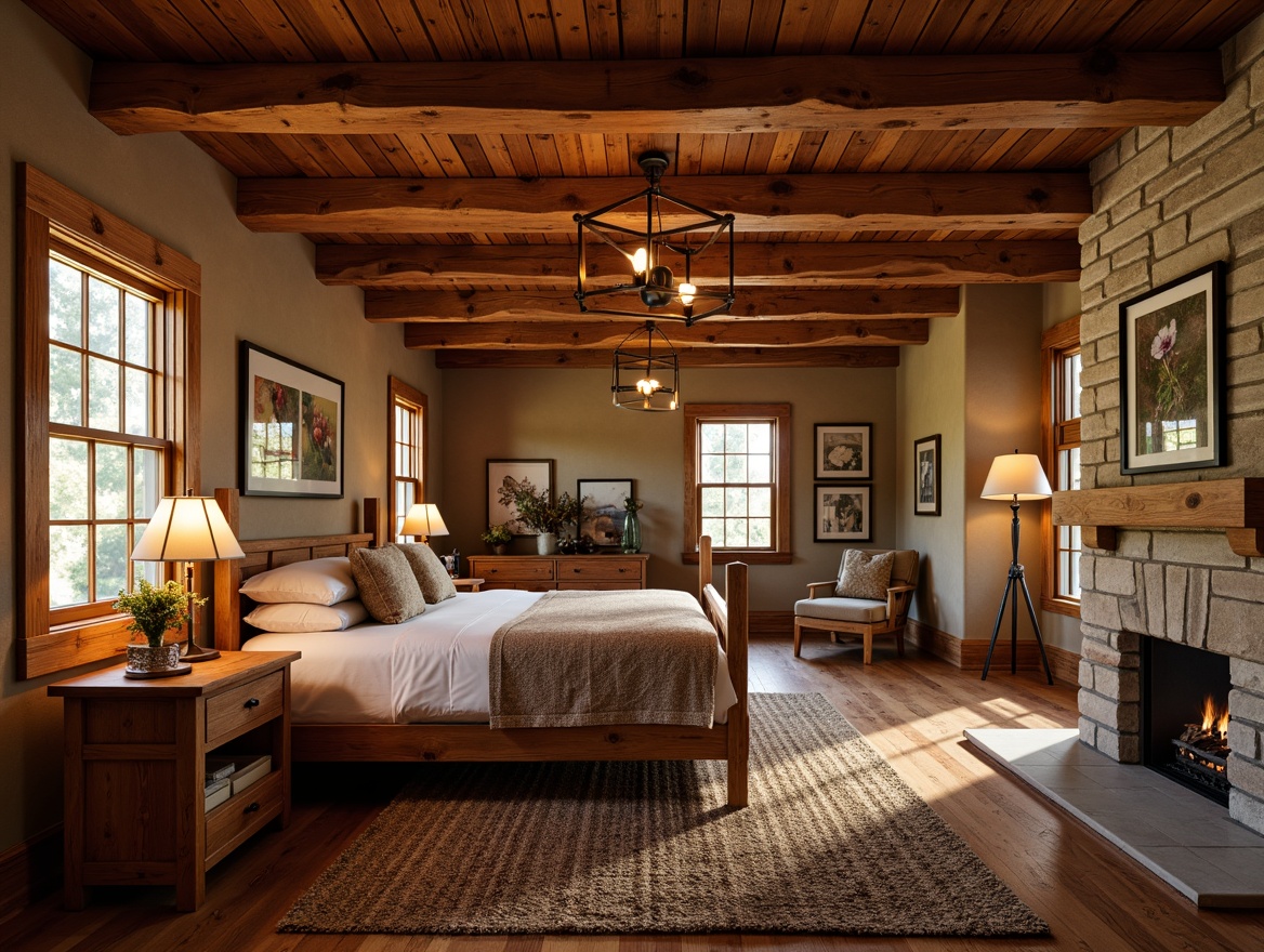 Prompt: Cozy Craftsman bedroom, warm wooden tones, rustic furniture, plush area rug, earthy color palette, vintage metal lighting fixtures, distressed wood ceiling, natural stone fireplace, woven textiles, botanical prints, soft warm glow, table lamps with linen shades, floor lamps with wooden accents, pendant lights with metalwork details, 3/4 composition, shallow depth of field, warm intimate atmosphere.