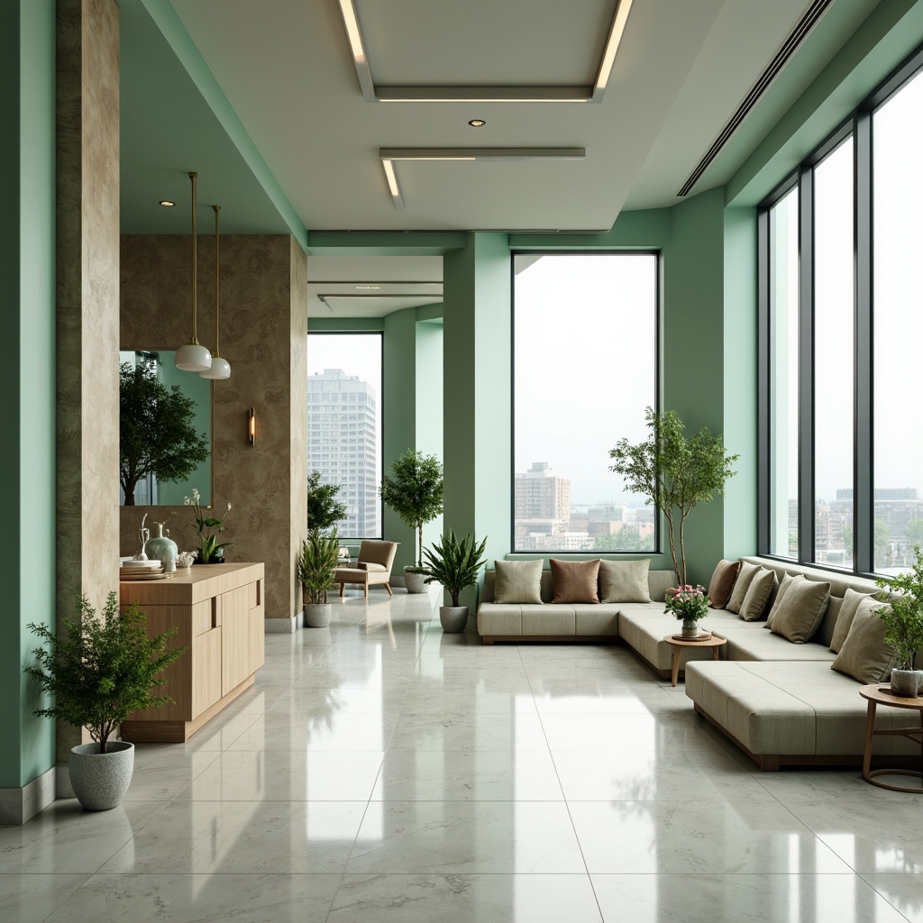 Prompt: Celadon-inspired penthouse, soft mint green walls, creamy white marble floors, pale blue-gray ceilings, warm beige wood accents, luxurious velvet fabrics, subtle gold metallic details, floor-to-ceiling windows, panoramic city views, modern minimalist decor, sleek low-profile furniture, lush greenery, delicate flower arrangements, natural stone columns, ambient softbox lighting, 1/1 composition, realistic reflections, shallow depth of field.