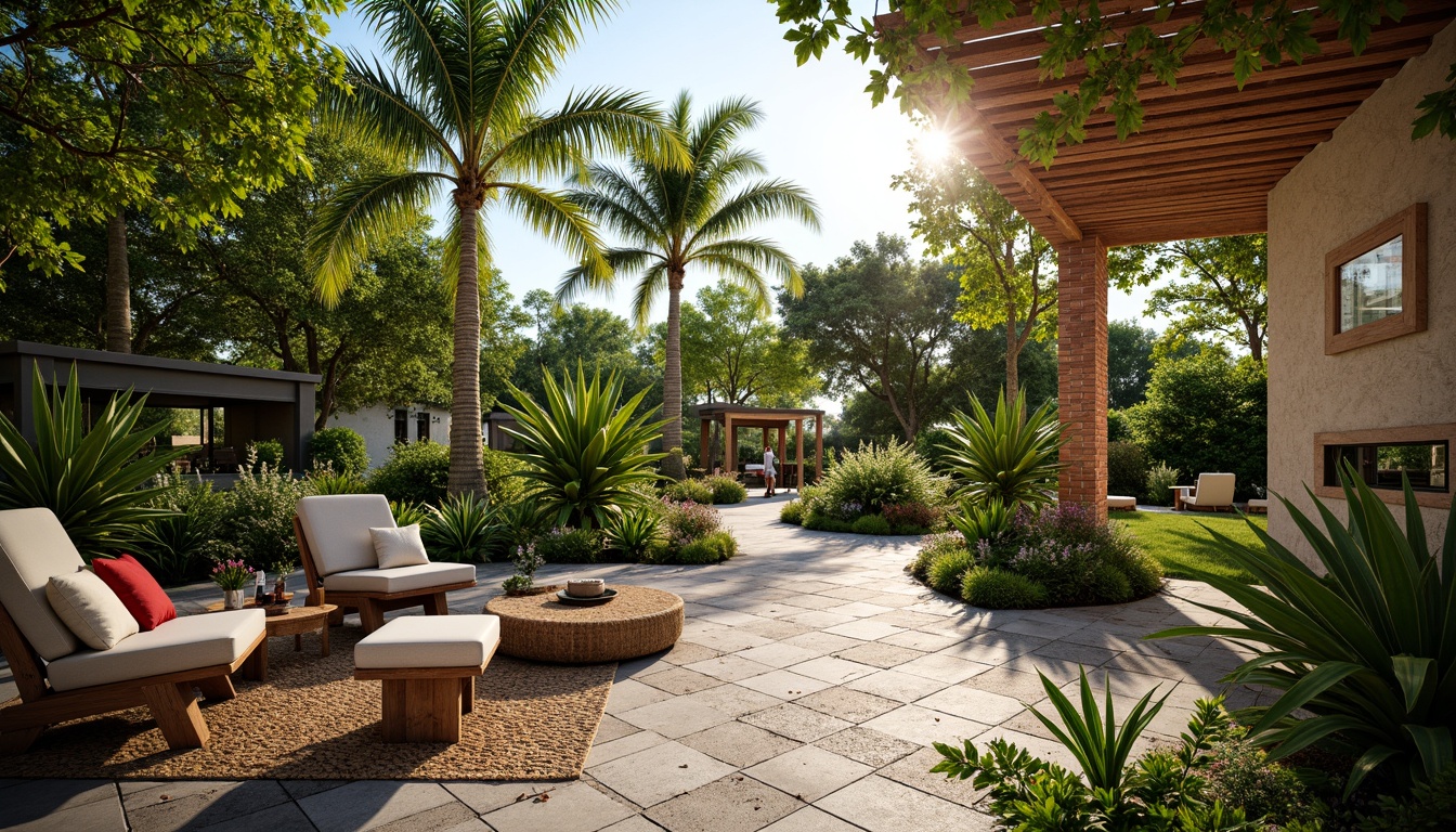 Prompt: Vibrant tropical garden, exotic palm trees, colorful hibiscus flowers, natural stone pathways, wooden deck, rustic outdoor furniture, lush greenery, bright sunny day, warm soft lighting, shallow depth of field, 1/2 composition, realistic textures, ambient occlusion, tropical-inspired architectural details, woven rattan accents, bold geometric patterns, refreshing water features, misting systems.