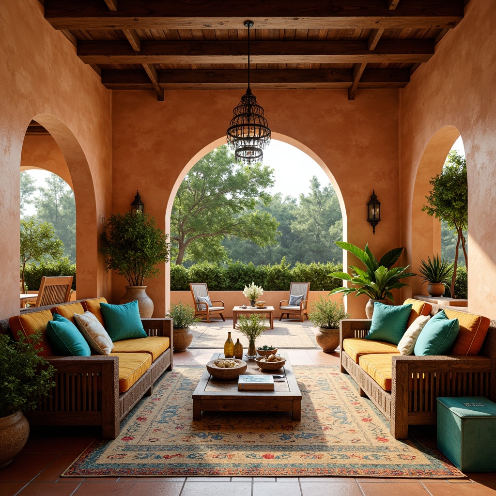 Prompt: Warm Mediterranean villa, curved archways, rustic stone walls, lush greenery, terra cotta flooring, wooden beam ceilings, vibrant turquoise accents, distressed wood furniture, plush velvet upholstery, ornate metalwork, colorful ceramic tiles, natural fiber rugs, soft golden lighting, warm earthy tones, eclectic global decor, Moroccan-inspired patterns, rustic wrought iron fixtures, fragrant lemon trees, sunny afternoon, shallow depth of field, 1/2 composition, warm color palette.