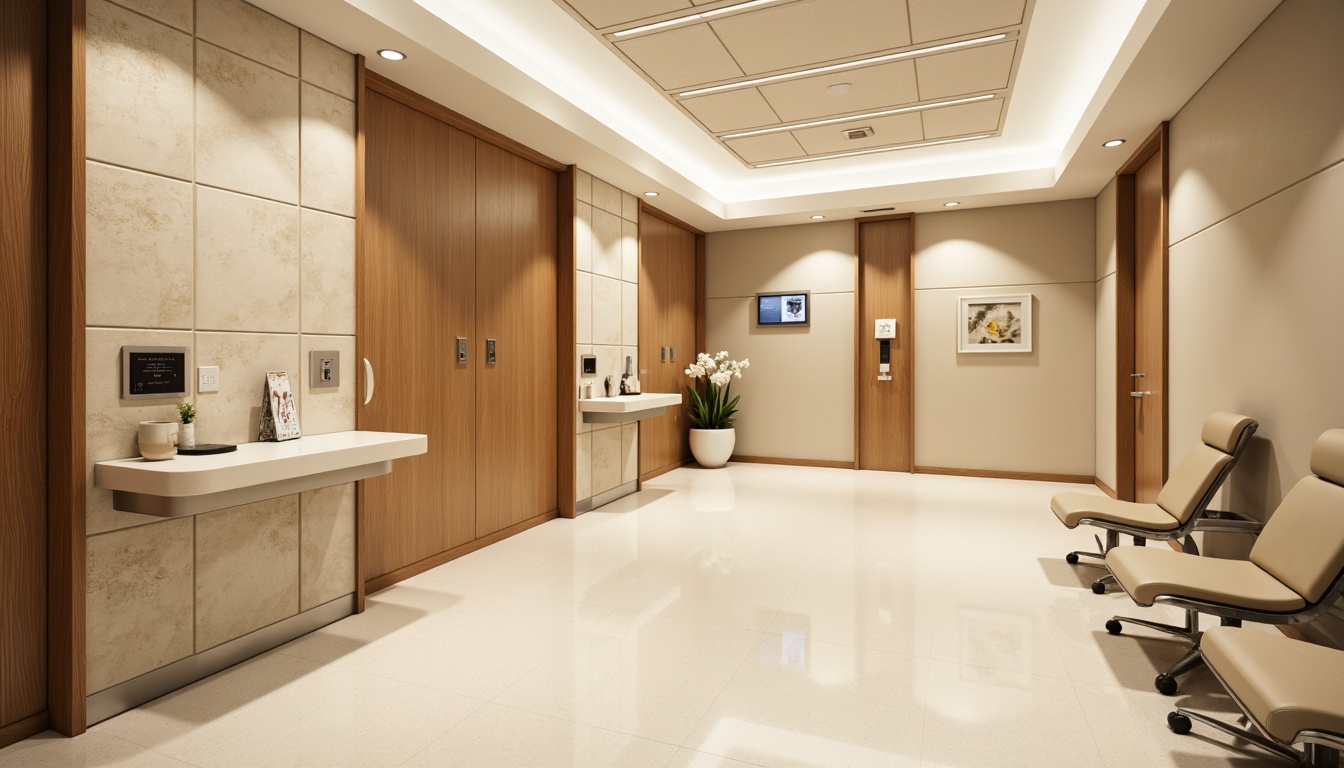 Prompt: Academic clinic interior, warm beige walls, natural stone accents, wooden paneling, subtle texture, soft cream colors, elegant minimalism, modern hospital equipment, stainless steel fixtures, LED lighting, calm atmosphere, shallow depth of field, 1/1 composition, realistic reflections, ambient occlusion.