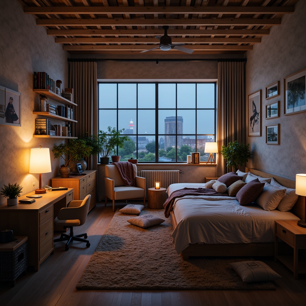 Prompt: Modern dorm room, minimalistic decor, soft warm glow, table lamps, floor lamps, cozy reading nooks, comfortable bedding, wooden furniture, industrial chic accents, urban loft atmosphere, large windows, natural daylight, LED strip lights, color-changing ambiance, relaxing atmosphere, 1/1 composition, shallow depth of field, realistic textures, ambient occlusion.