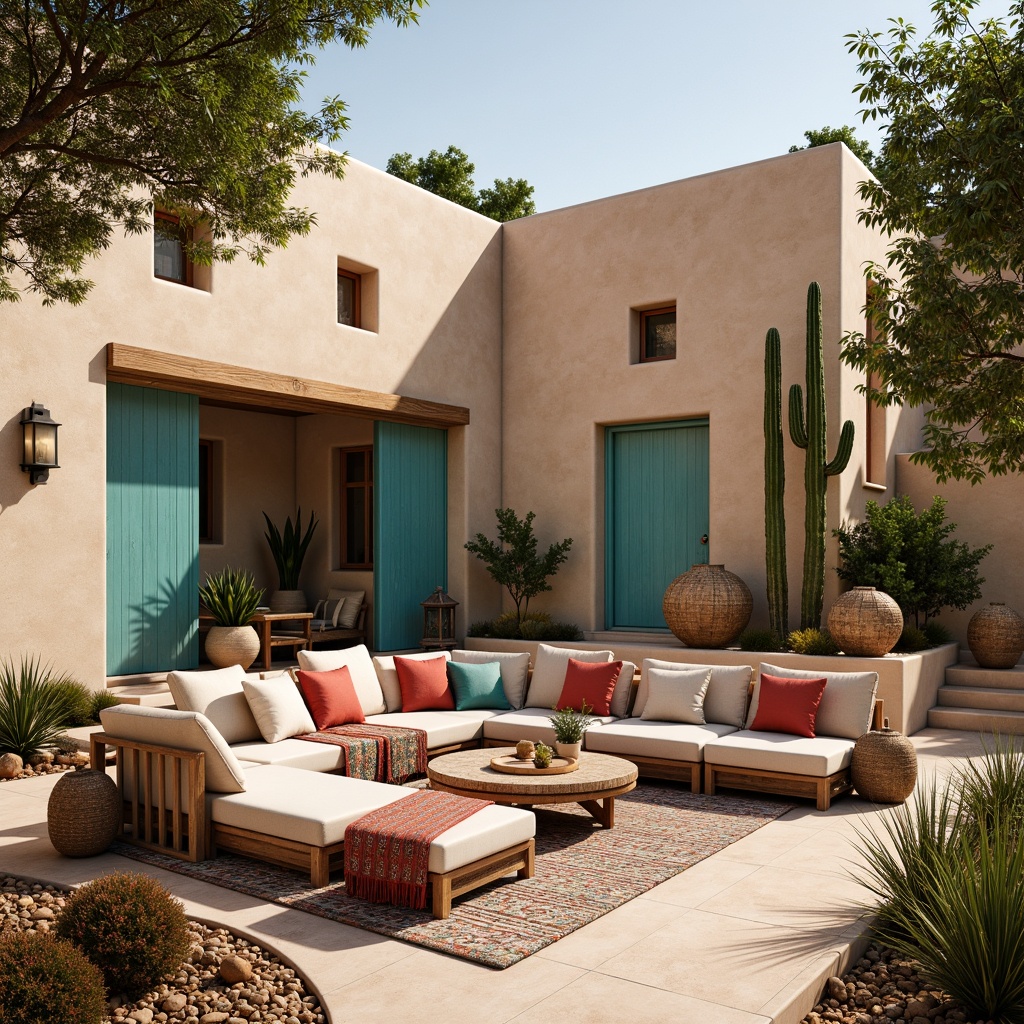 Prompt: Adobe earth tones, natural stucco walls, rustic wooden accents, vibrant turquoise hues, geometric patterned textiles, woven baskets, desert botanicals, cacti silhouettes, warm sunny day, soft diffused lighting, shallow depth of field, 3/4 composition, panoramic view, realistic textures, ambient occlusion, earthy materiality, organic forms, eclectic decorative elements, global-inspired accessories, bold colorful statements.