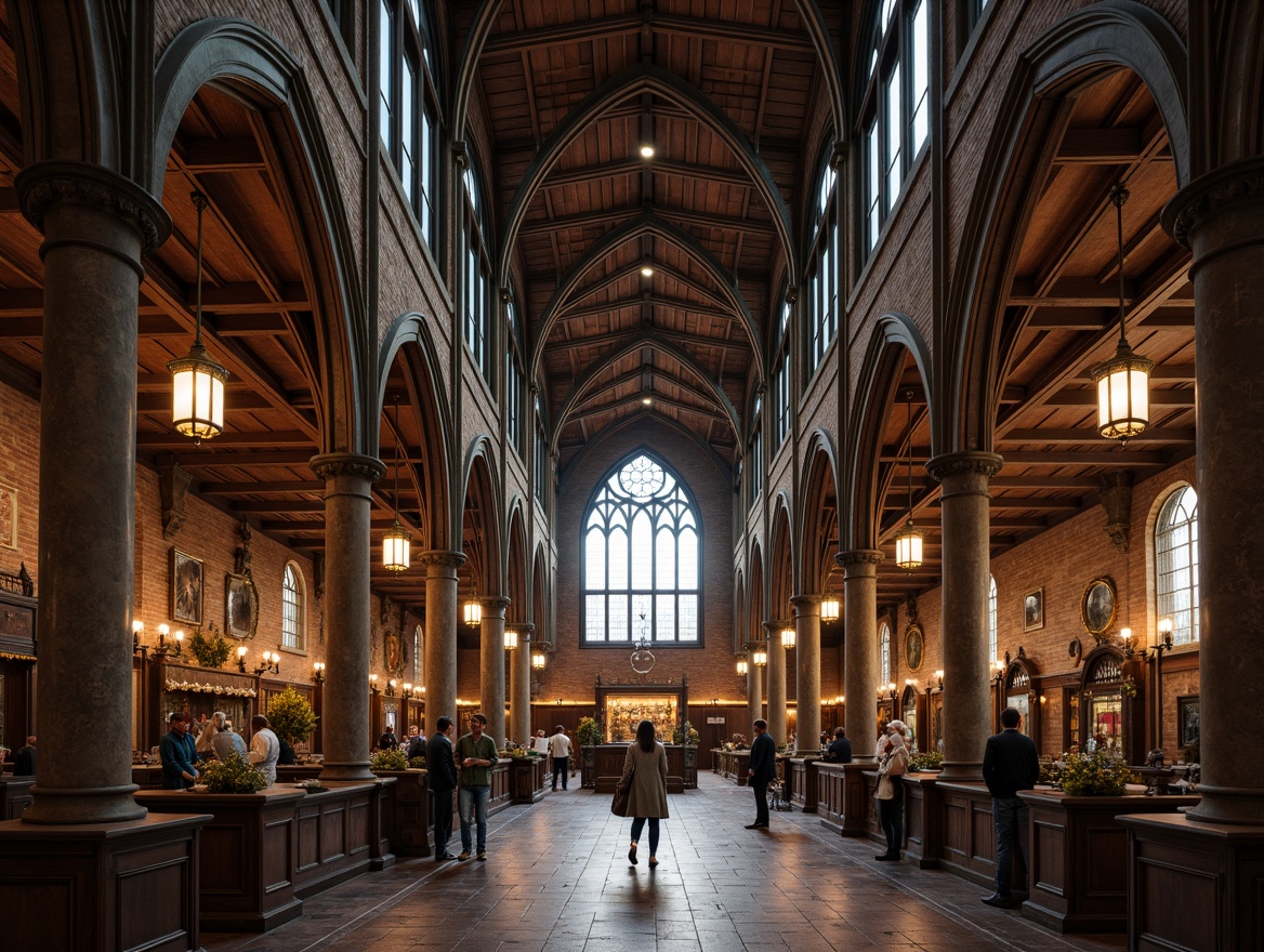 Prompt: Grand archways, ribbed vaults, pointed windows, ornate stone carvings, mystical stained glass, warm wooden accents, rich tapestries, elegant lanterns, rustic brick walls, medieval-inspired furniture, intricate ironwork, dramatic high ceilings, atmospheric soft lighting, 1/1 composition, shallow depth of field, realistic textures, ambient occlusion.