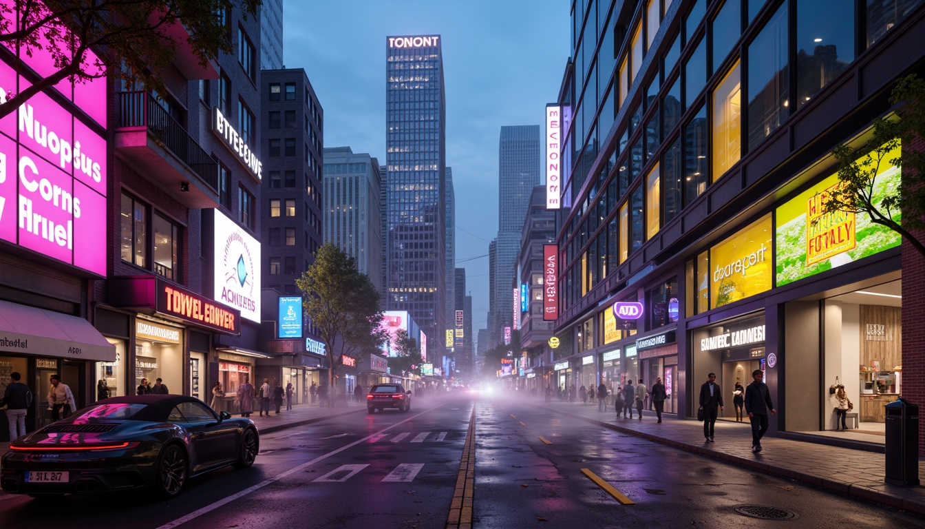 Prompt: Neon-lit cityscape, futuristic skyscrapers, iridescent materials, holographic advertisements, sleek metallic surfaces, glowing accents, vibrant pink hues, electric blue tones, radiant yellow lights, pulsing green neons, chrome-plated details, angular geometric shapes, minimalist interiors, high-tech gadgets, virtual reality interfaces, cyberpunk-inspired aesthetics, retro-futuristic nostalgia, neon-drenched alleys, atmospheric fog effects, cinematic lighting, 3/4 composition, shallow depth of field.