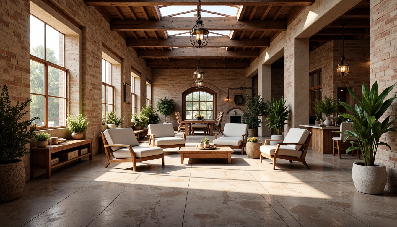 Prompt: Rustic warehouse interior, Mediterranean style decor, exposed brick walls, wooden beams, natural stone flooring, large windows, skylights, clerestory windows, industrial chic lighting fixtures, vintage metal accents, earthy color palette, warm ambient lighting, soft diffused shadows, 1/1 composition, realistic textures, ambient occlusion, morning sunlight, subtle contrast, cozy atmosphere.