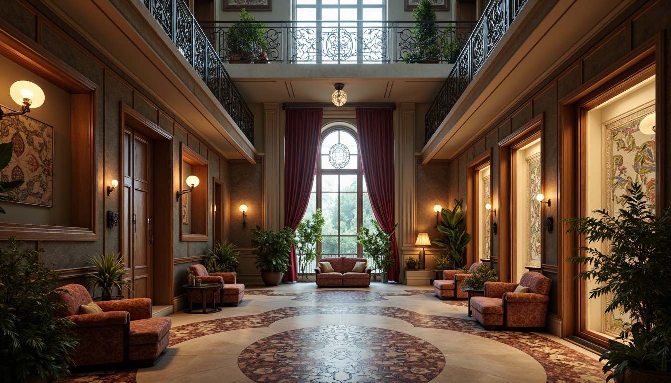 Prompt: Luxurious Art Nouveau apartments, ornate metalwork balconies, flowing organic lines, sinuous curves, stained glass windows, intricate wooden doorways, lavish furnishings, velvet drapes, marble floors, gilded accents, floral patterns, soft warm lighting, 3/4 composition, shallow depth of field, atmospheric mist, realistic textures, ambient occlusion.