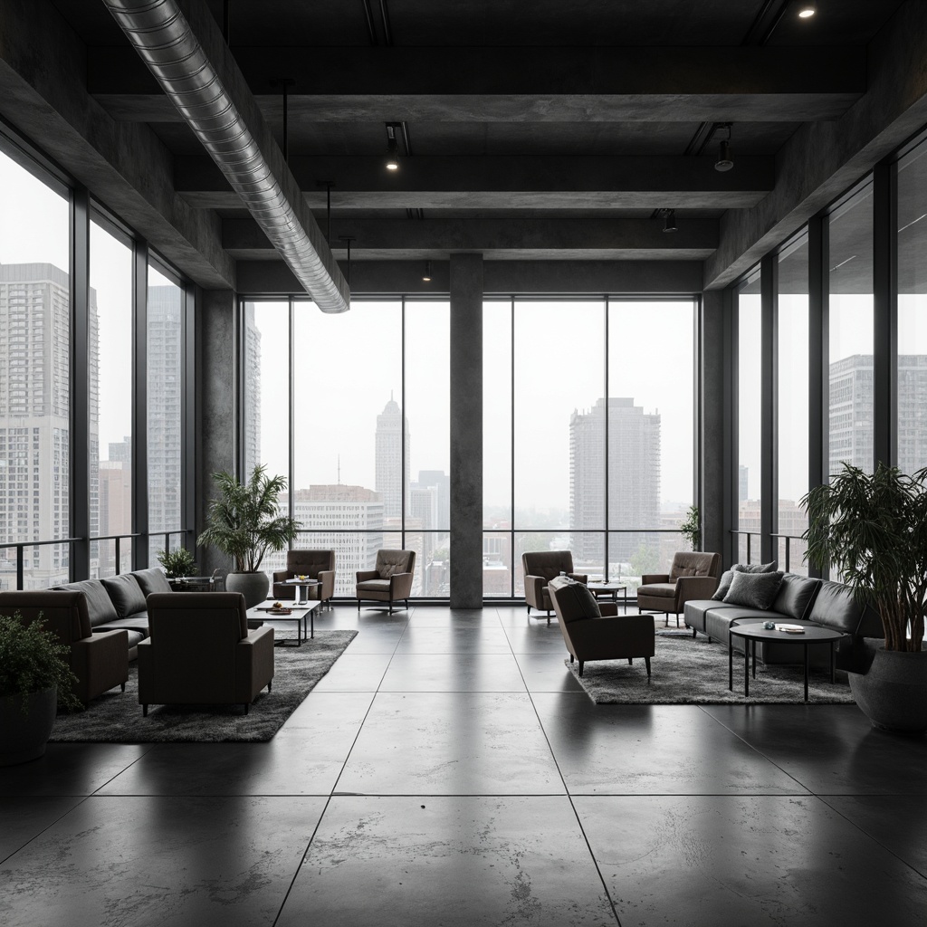 Prompt: Monochromatic color scheme, sleek lines, minimal ornamentation, industrial materials, polished concrete floors, floor-to-ceiling windows, natural light pouring in, urban cityscape views, modern low-profile furniture, geometric shapes, metallic accents, subtle textures, ambient soft lighting, shallow depth of field, 3/4 composition, realistic render, atmospheric mist.