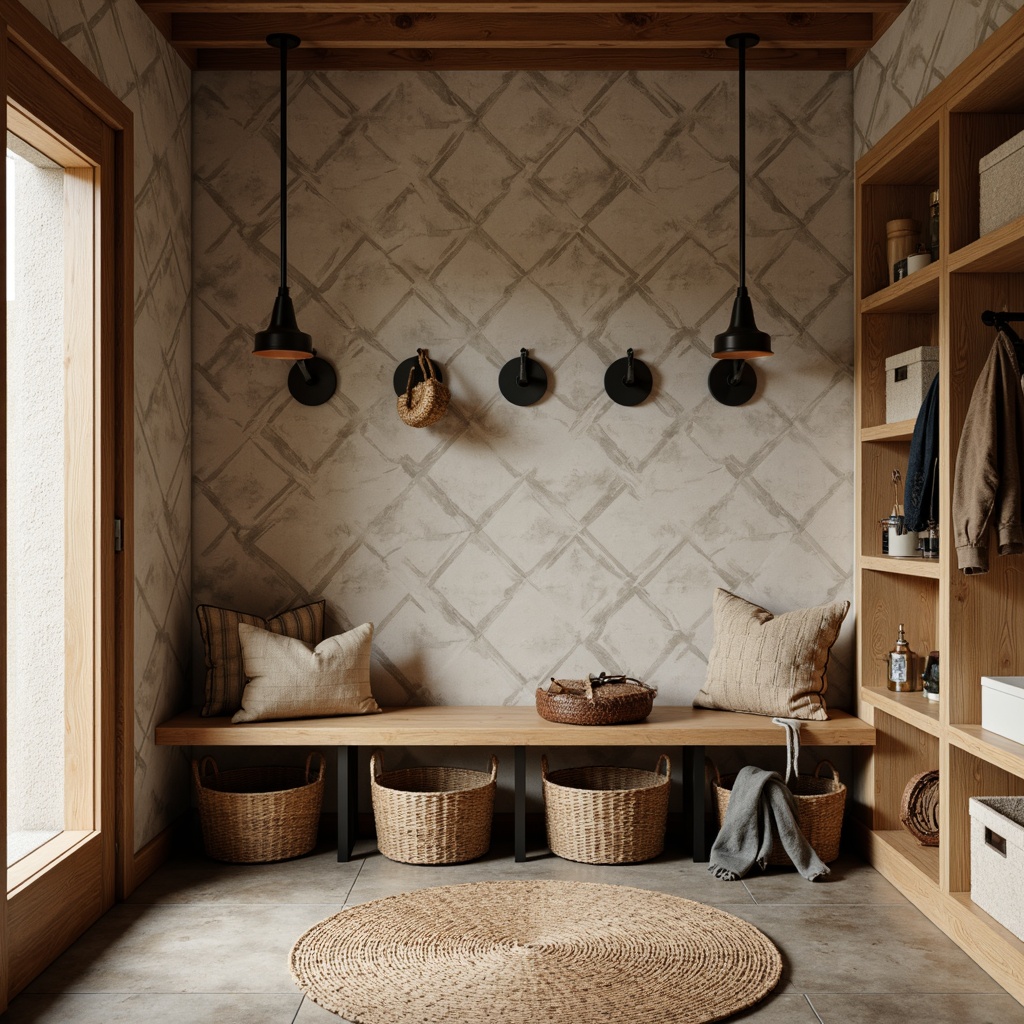 Prompt: Warm mid-century modern mudroom, natural stone flooring, rustic wooden bench, woven baskets, plush area rug, earthy color palette, organic textures, geometric patterned wallpaper, industrial metal shelving, functional storage units, minimalist decor, soft warm lighting, cozy ambiance, 1/1 composition, realistic renderings.