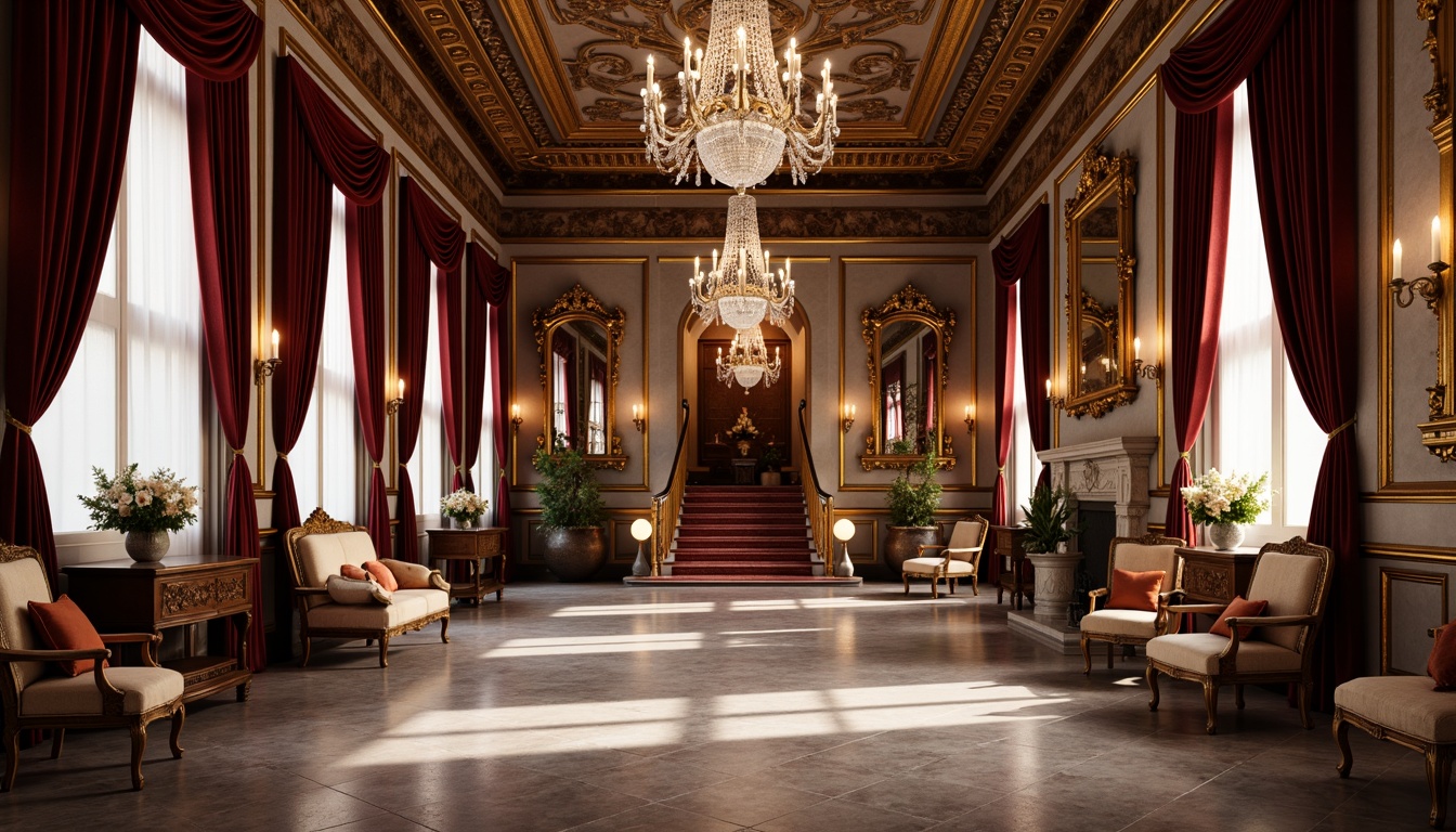 Prompt: Opulent Baroque interior, rich velvet drapes, golden ornate mirrors, intricately carved wooden furniture, lavish crystal chandeliers, marble floors, ornamental plaster ceilings, dramatic archways, grandiose staircases, warm candlelight, soft box lighting, subtle gradient maps, high-contrast textures, realistic material reflections, detailed normal maps, 1/1 composition, shallow depth of field, atmospheric perspective.