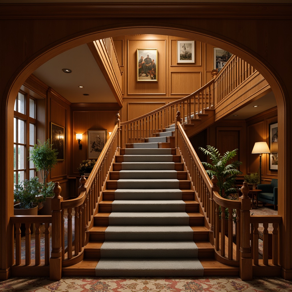 Prompt: Elegant staircase, ornate balusters, polished wooden handrails, refined carpeting, subtle lighting, luxurious fabrics, traditional architecture, grand entrance hall, sweeping curves, intricate carvings, rich wood tones, soft golden illumination, atmospheric ambiance, shallow depth of field, 1/2 composition, warm color palette.