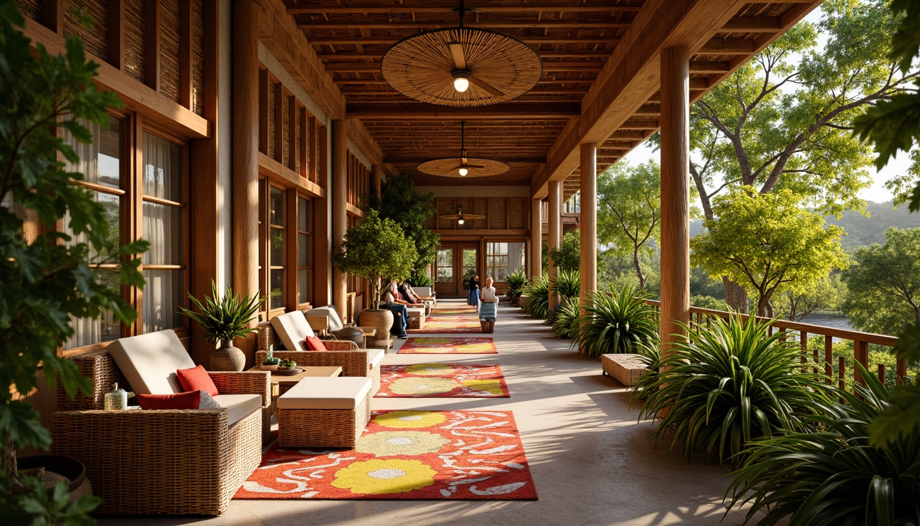 Prompt: Vibrant tropical hall, exotic wooden accents, rattan furniture, lush greenery, colorful floral patterns, bold geometric textiles, natural fiber upholstery, wicker lampshades, bamboo ceiling fans, warm golden lighting, shallow depth of field, 3/4 composition, panoramic view, realistic textures, ambient occlusion.