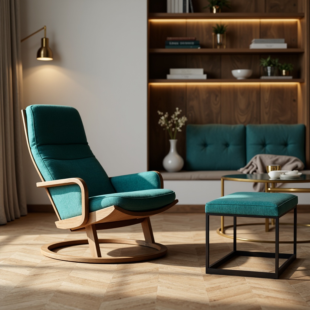 Prompt: Elegant lounge chair, sturdy wooden legs, soft velvet upholstery, golden metal accents, minimalist coffee table, sleek glass top, industrial metal frame, vibrant turquoise cushions, natural oak wood flooring, warm ambient lighting, shallow depth of field, 1/2 composition, realistic textures, subtle color palette, Scandinavian-inspired design, functional storage solutions, ergonomic desk chair, adjustable headrest, breathable mesh fabric, cozy throw blankets, modernist architectural influences.