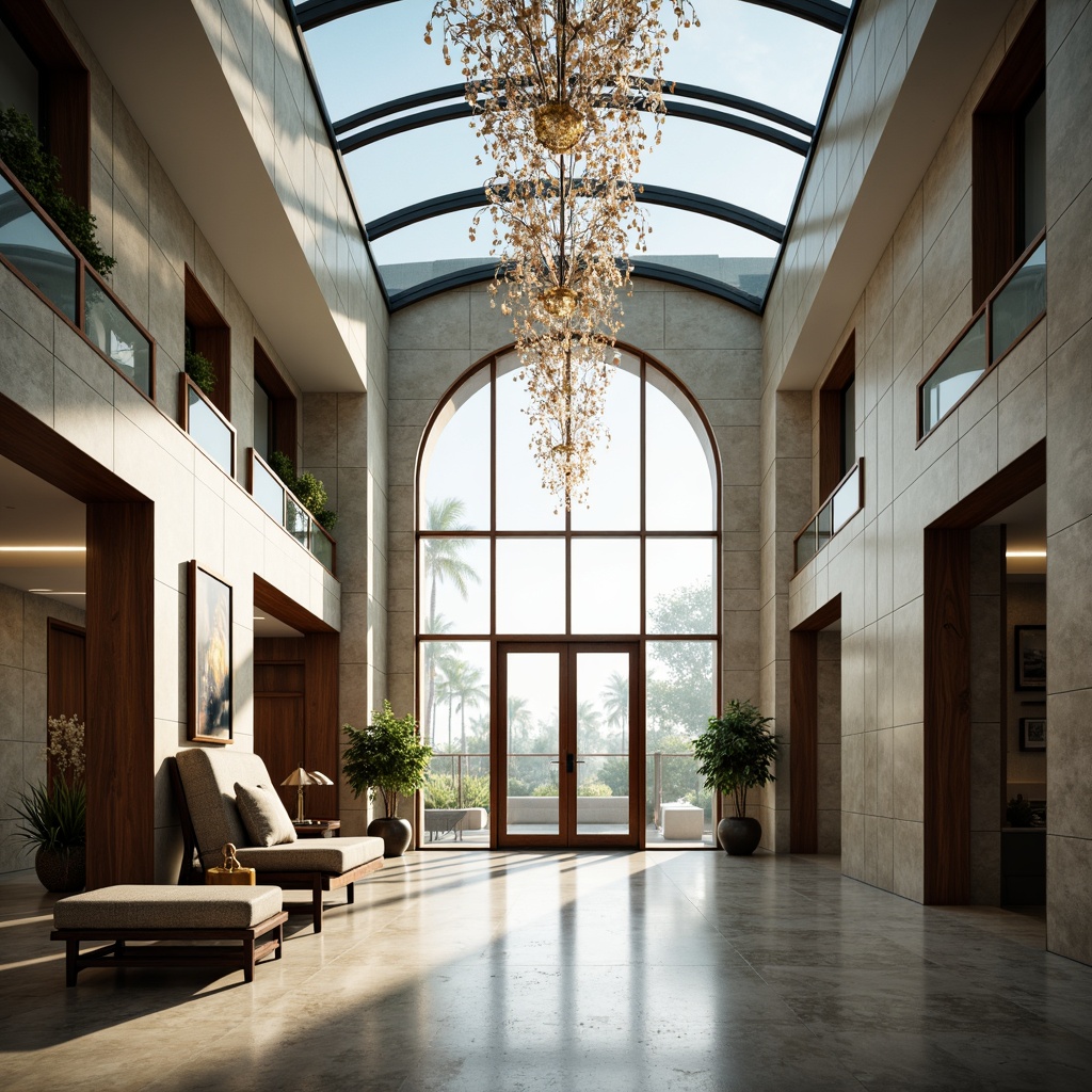 Prompt: Elegant entrance hall, glass ceiling, crystal chandelier, sleek metal framework, transparent glass doors, frosted glass sidelights, polished marble flooring, minimalist decor, modern architecture, natural light pouring in, soft warm ambiance, shallow depth of field, 1/1 composition, realistic reflections, ambient occlusion.