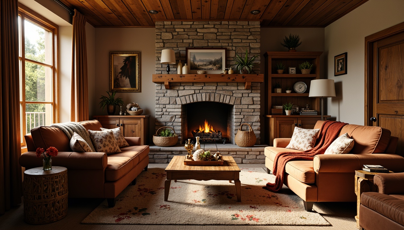 Prompt: Cozy living room, plush carpet, soft velvet sofa, warm wood paneling, natural stone fireplace, crackling fire, comfortable throw blankets, rustic wooden coffee table, vintage metal lamp, earthy tone walls, rich leather armchair, intricate woven baskets, autumnal leaf patterns, warm golden lighting, shallow depth of field, 1/2 composition, inviting atmosphere, realistic textures, ambient occlusion.