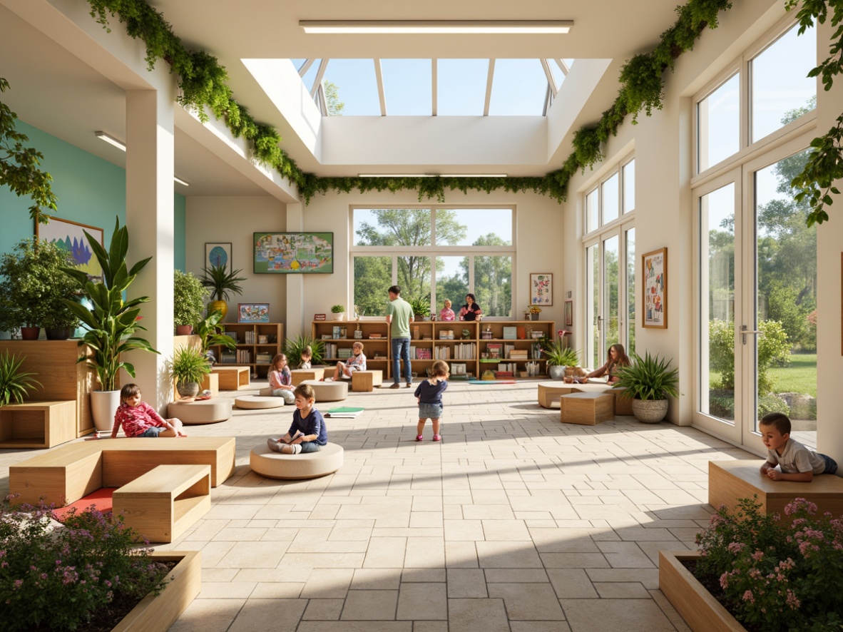 Prompt: Vibrant kindergarten interior, large windows, transparent glass doors, skylights, clerestory windows, natural stone floors, light-colored wooden furniture, soft pastel colors, playful decorative elements, educational wall displays, children's artwork, cozy reading nooks, circular tables, tiny chairs, abundant greenery, potted plants, blooming flowers, sunny day, warm gentle lighting, shallow depth of field, 3/4 composition, panoramic view, realistic textures, ambient occlusion.