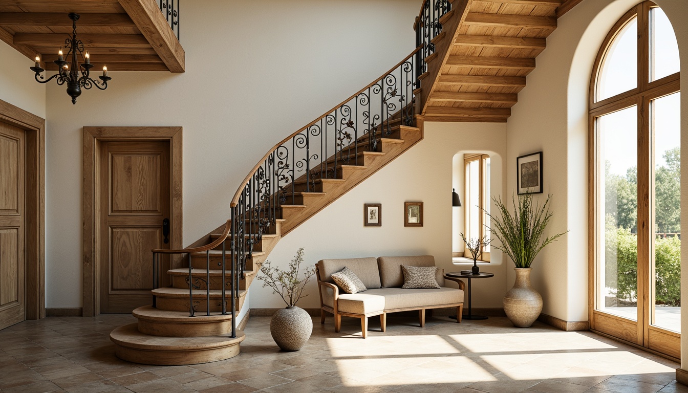 Prompt: Elegant French country staircase, ornate wrought iron railings, soft warm wood tones, carved wooden banisters, distressed finishes, rustic metalwork, curved lines, floral patterns, natural stone flooring, creamy white walls, large windows, warm sunny lighting, shallow depth of field, 1/1 composition, realistic textures, ambient occlusion.