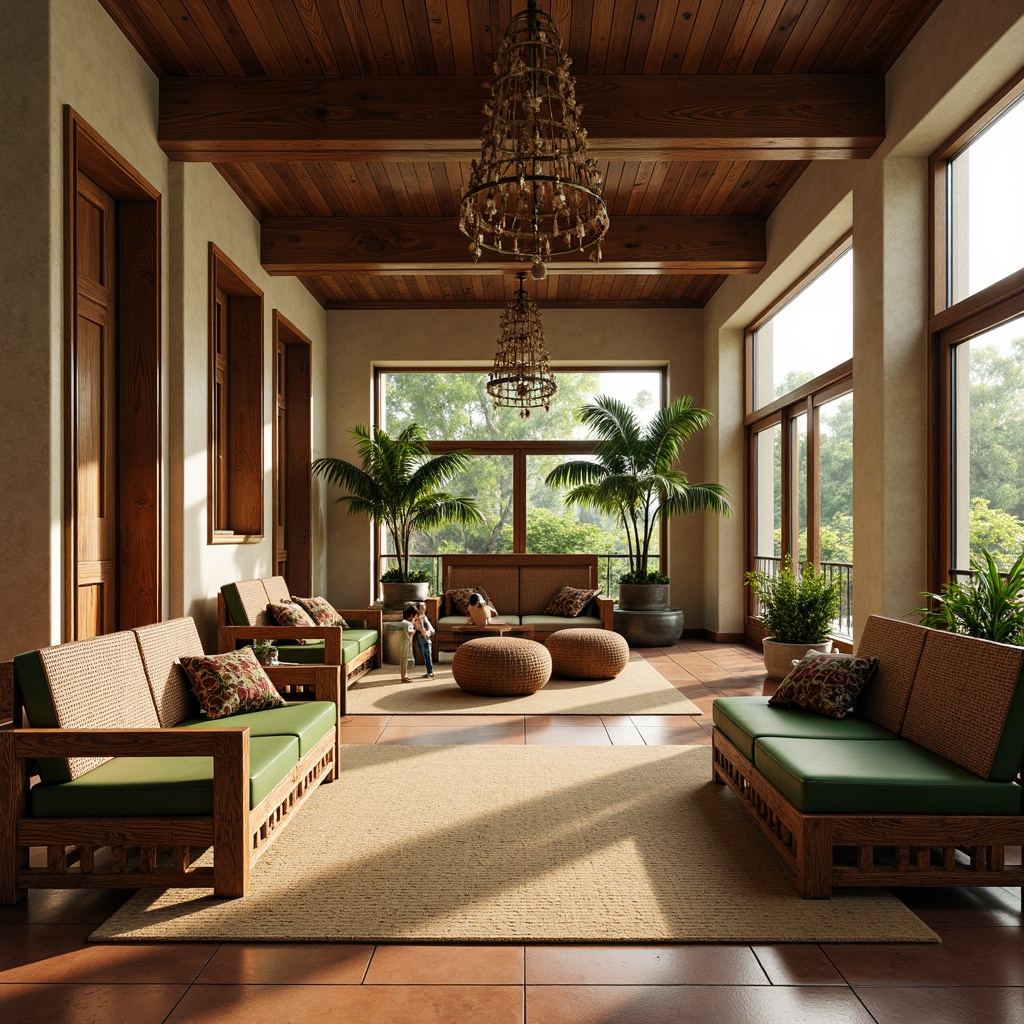 Prompt: Tropical courthouse interior, rich wood accents, woven rattan furniture, plush green upholstery, natural fiber rugs, elegant palm tree decorations, ornate wooden benches, intricate carvings, warm beige walls, large glass windows, soft diffused lighting, 1/2 composition, atmospheric perspective, realistic reflections, ambient occlusion.