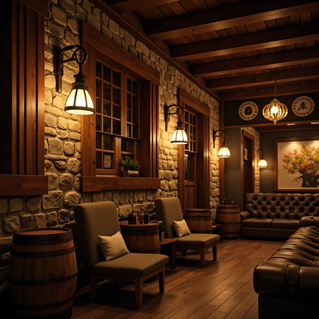 Prompt: Rustic wooden accents, vintage beer barrels, dimly lit atmosphere, plush armchairs, soft cushions, warm earthy tones, natural stone walls, wooden beam ceilings, classic pub signs, rich leather upholstery, ornate metal lanterns, crackling fireplace, warm golden lighting, shallow depth of field, 2/3 composition, realistic textures, ambient occlusion.