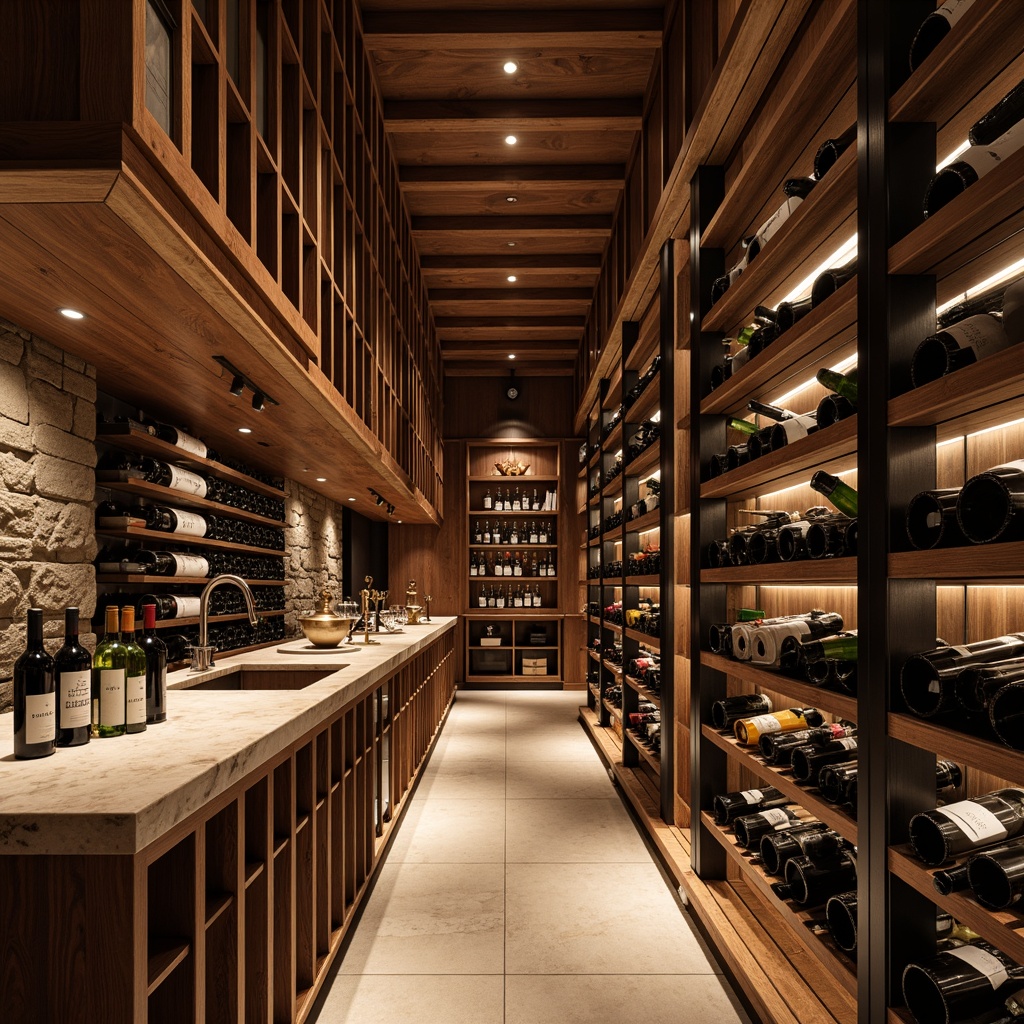 Prompt: Luxurious wine cellar, rich wood tones, elegant stone walls, dimmed warm lighting, sleek metal shelving, curved glass racks, premium wooden crates, sophisticated wine dispensers, ambient temperature control, humidity regulation systems, recessed LED lighting, 3/4 composition, shallow depth of field, panoramic view, realistic textures, soft focus effect.