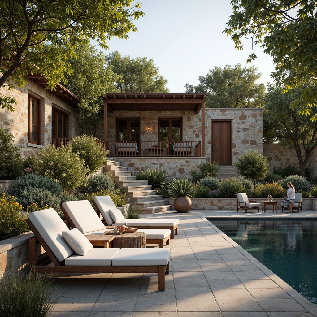 Prompt: Rustic farmhouse, natural stone walls, wooden accents, lush greenery, blooming flowers, serene water features, inviting pool deck, distressed wood fencing, country-style outdoor furniture, plush cushions, soft warm lighting, lazy afternoon sun, shallow depth of field, 1/1 composition, realistic textures, ambient occlusion.