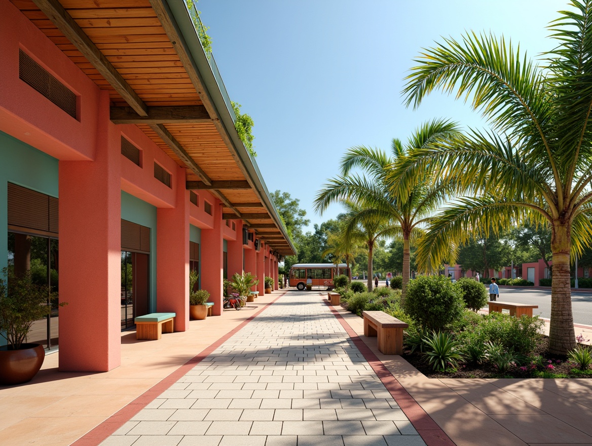 Prompt: Vibrant bus station, tropical style architecture, bright coral walls, lush green roofs, exotic palm trees, colorful tiling patterns, warm wooden benches, natural stone flooring, modern angular lines, curved roof structures, sunny day, soft warm lighting, shallow depth of field, 3/4 composition, panoramic view, realistic textures, ambient occlusion.