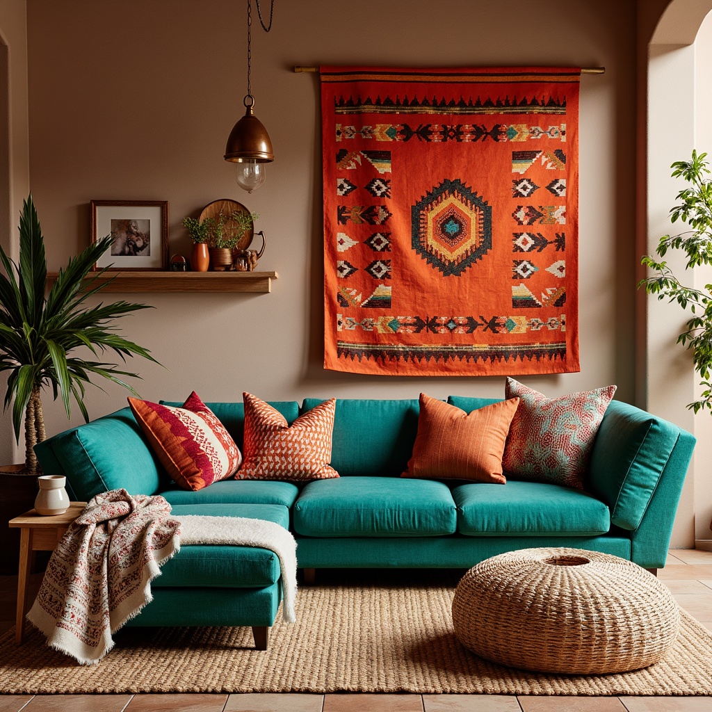 Prompt: Vibrant turquoise fabrics, bold red and orange hues, intricate Native American patterns, woven wool blankets, plush throw pillows, natural jute rugs, earthy terracotta tones, rustic wooden accents, desert-inspired motifs, geometric shapes, vibrant colors, soft warm lighting, cozy textures, Southwestern-style upholstery, eclectic mix of vintage and modern pieces.