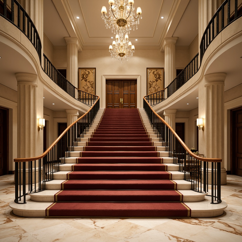 Prompt: Grand staircase, luxurious carpeted steps, richly polished wooden handrails, ornate metal balusters, classic columnar supports, elegant curved lines, sophisticated interior design, lavish chandelier lighting, cream-colored marble flooring, warm beige walls, opulent velvet upholstery, intricate carvings, gilded accents, subtle ambient lighting, shallow depth of field, 1/1 composition, realistic textures, soft focus effect.