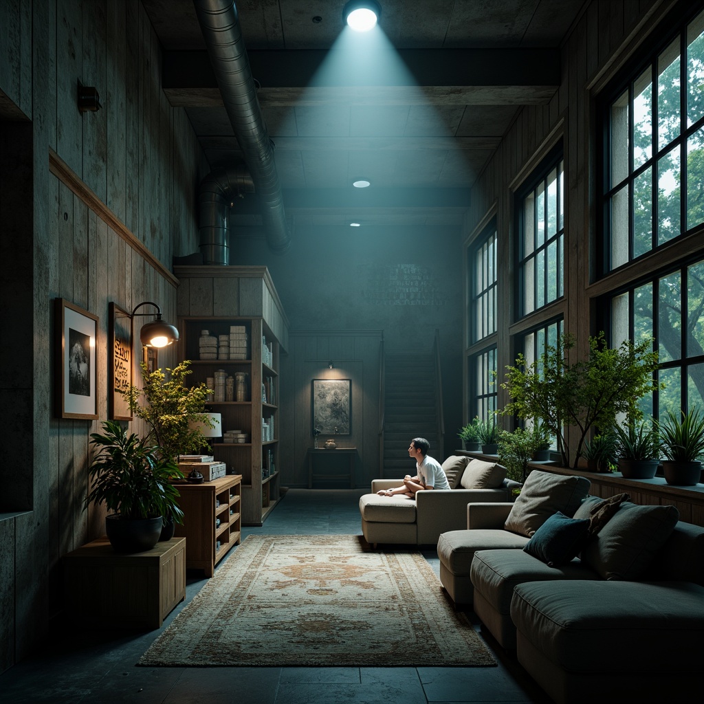 Prompt: Dark cyan (#035278), rich wood tones (#786C3B), creamy whites (#F5F5DC), deep charcoal grays (#333333), natural linen textures, industrial metal accents, dramatic spotlighting, moody atmospheric fog, cinematic 2.35