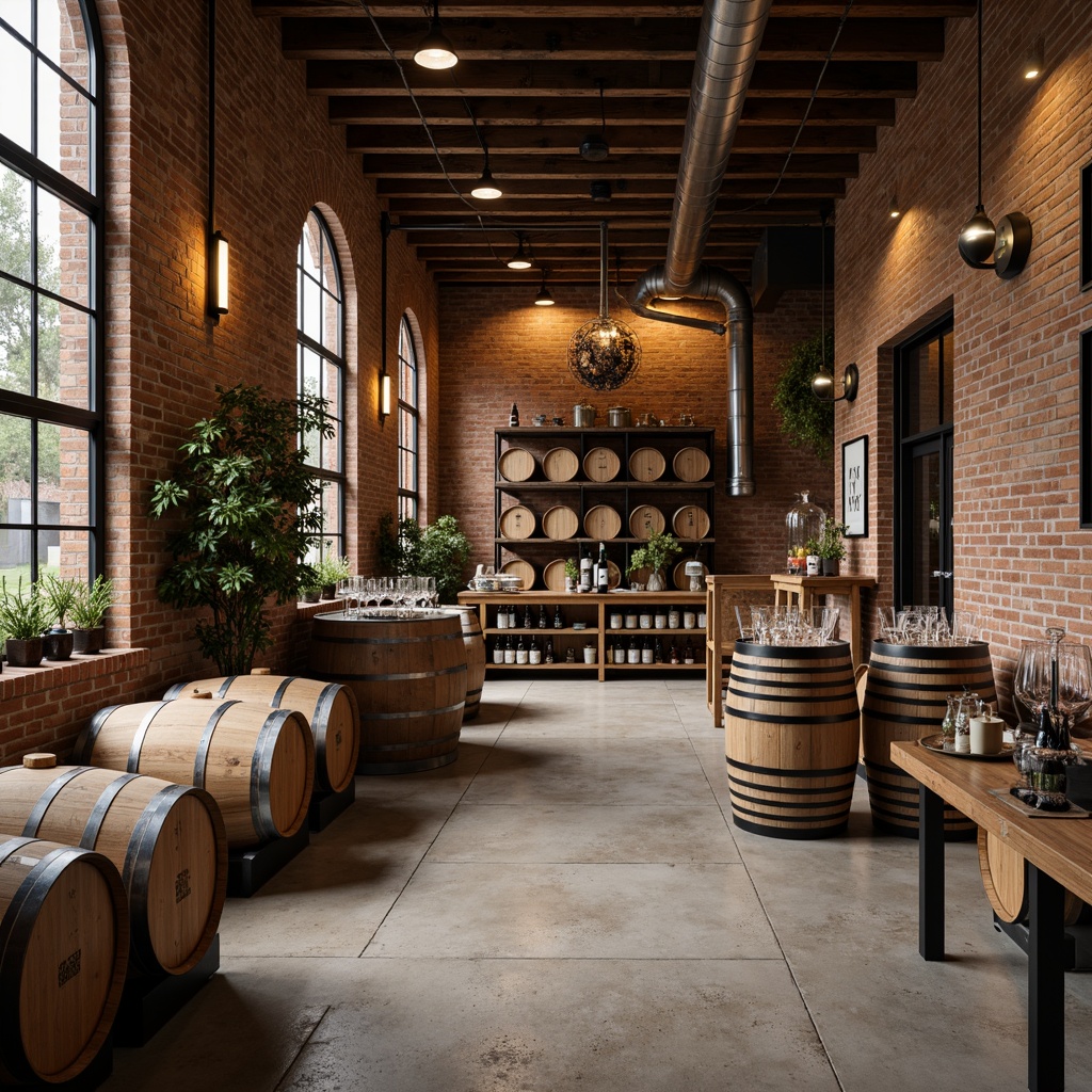 Prompt: Rustic winery interior, reclaimed wooden barrels, metal accents, industrial lighting fixtures, exposed brick walls, earthy tone color palette, vintage wine-making equipment, distressed wood shelves, concrete floors, modern minimalist decor, sleek steel tables, elegant glassware displays, soft warm ambient lighting, shallow depth of field, 3/4 composition, realistic textures, ambient occlusion.