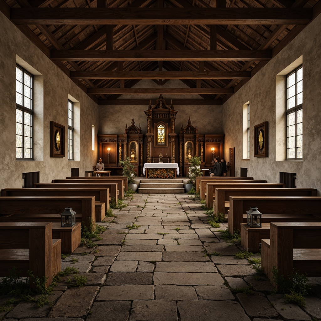 Prompt: Rustic church interior, stone walls, worn wooden pews, ornate wooden altarpieces, stained glass windows, warm candlelight, rough-hewn stone floors, distressed wooden beams, vintage metal lanterns, earthy color palette, natural textures, aged stonework, moss-covered stones, soft warm lighting, shallow depth of field, 1/2 composition, realistic textures, ambient occlusion.